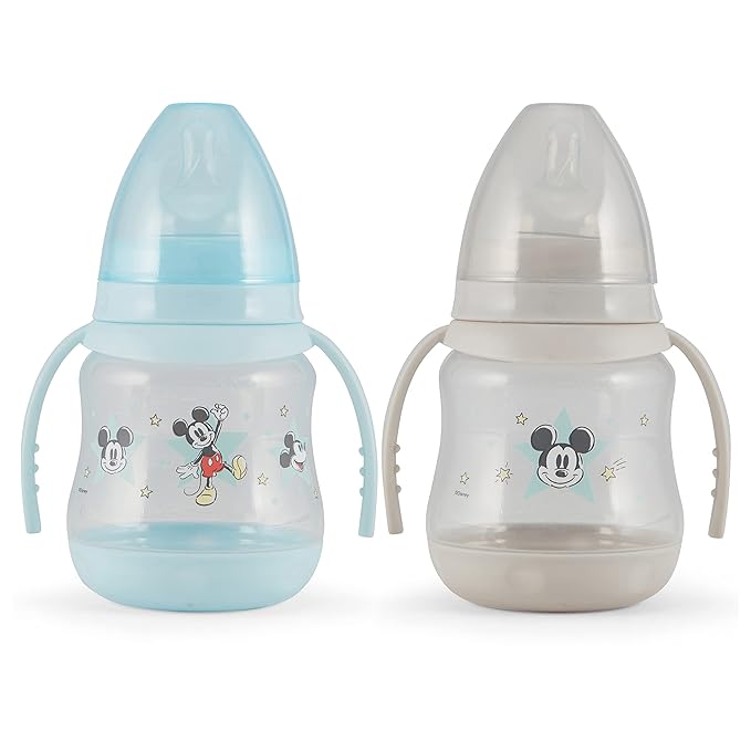 Disney 2 Pack 7 Ounce Baby Bottles with Character Prints and Colored Covers with Double Handle - BPA Free and Easy to Clean