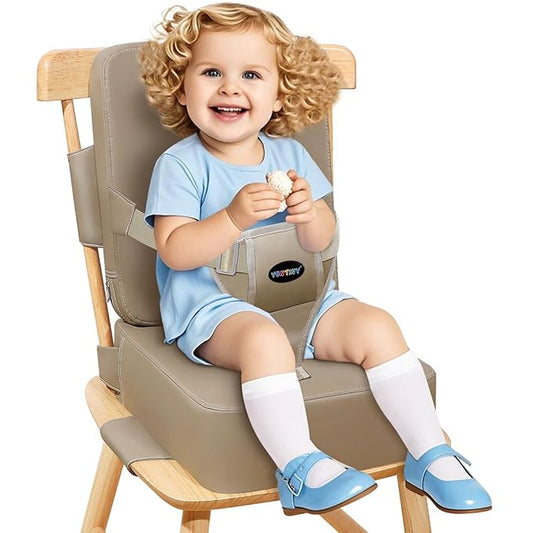 Toddler Booster Seat for Kitchen Chair, 2-in-1 Dining Table Booster Seat with Backrest & Adjustable Straps – Easy-Clean, PU Portable Toddler Eating Travel Increasing Cushion - Dark Coffee