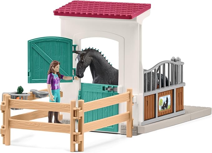 Schleich Horse Club - 25 PC Lisa and Storm Horse Toy Stall Playset with Accessories - Customizable Stable Name Tag - Realistic, Posable Rider and Pony Toys for Girls and Boys - Kids Ages 5+ - 42709
