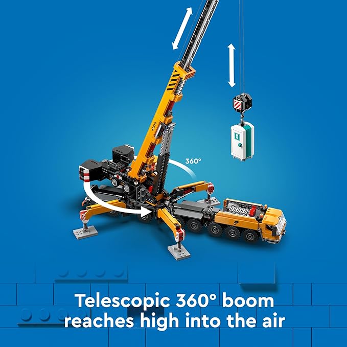 LEGO City Yellow Mobile Construction Crane Toy Set for Boys and Girls, Long Extendable Boom and 4 Worker Minifigures Included for Imaginative Role Play, Construction Toy Birthday Gift for Kids, 60409