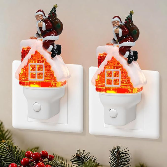 2 Pack Christmas Santa Night Light Plug into Wall Glitter Water Nightlight with USB/Outlet Options, Christmas Decorative Nightlight for Bedroom Kitchen Hallway Holiday Decorations Gifts (Santa)