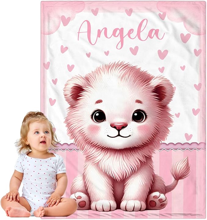 Personalized Baby Blanket for Girls, Custom Baby Blanket with Name, Soft Cozy Personalized Name Blankets for Kids, Customized Lion Blanket for Infant Toddler Birthday Christmas
