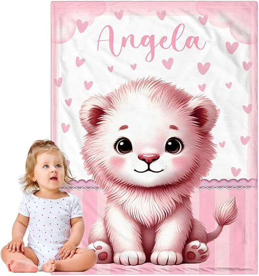 Personalized Baby Blanket for Girls, Custom Baby Blanket with Name, Soft Cozy Personalized Name Blankets for Kids, Customized Lion Blanket for Infant Toddler Birthday Christmas