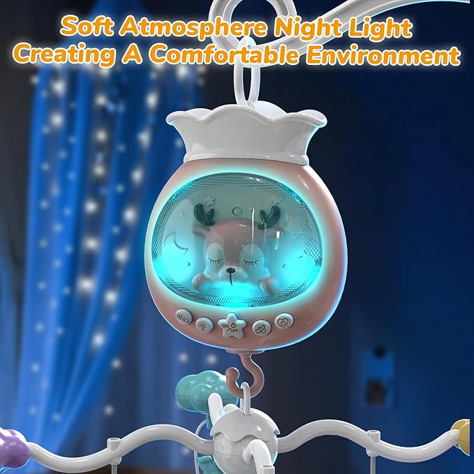 Crib Mobile with Music and Lights, Baby Mobiles for Cribs, Nursery Mobile Arm Hanging Toys for Bassinets Girls Boys Babies, Musical Infant Space Portable Mobiles Clip On Pack and Play Hanger