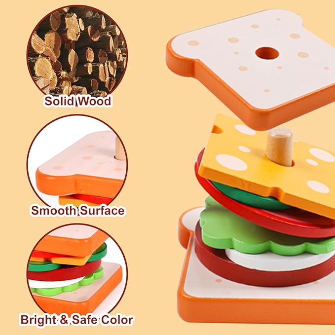 Montessori Toys for 2, 3 Year Old, Wooden Burger Sandwich Stacking Toys for Toddler Educational Toys Fine Motor Skills Foods Preschool Learning Blocks Gifts Boys Girls