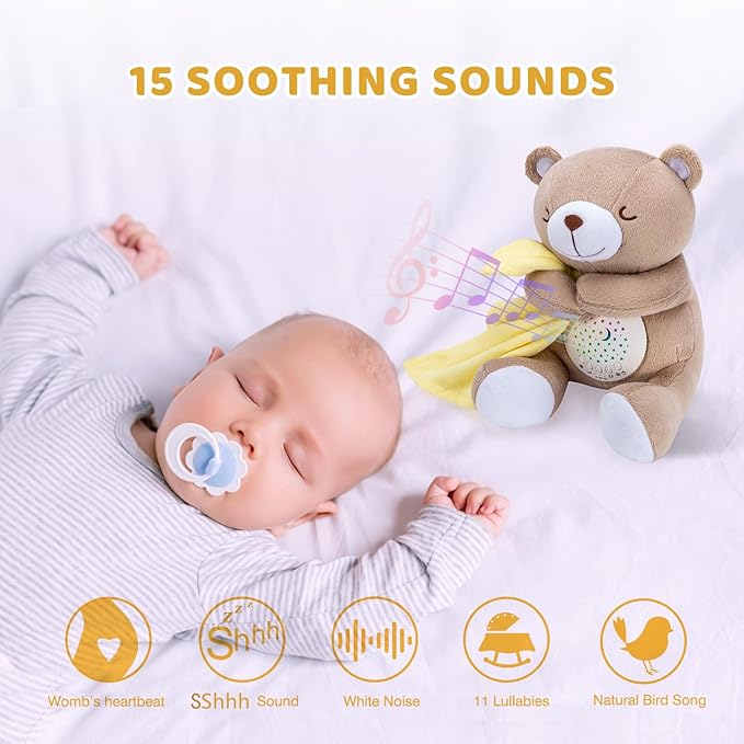 BEREST Rechargeable Baby Sleep Soother Bear, Nursery Decor Night Light Projector, Mom's Heartbeat Cry Sensor Lullabies White Noise Sound Machine, Toddler Crib Sleeping Aid Toys for Shower Gifts