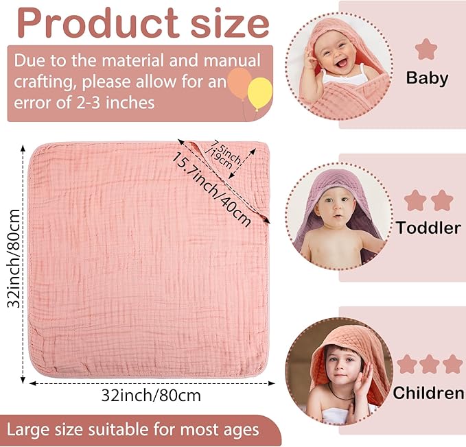 VitalCozy 6 Pcs Baby Muslin Hooded Bath Towels and Washcloths, 32 x 32 Inch Muslin Cotton Hooded Baby Towels Absorbent Hooded Blankets for Gift Newborn Infant Shower (Pink,Rose)
