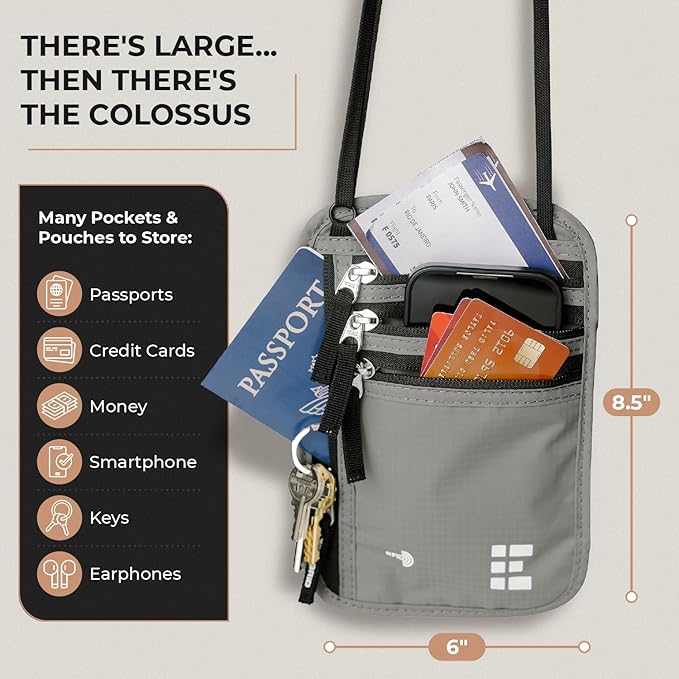 Neck Wallet for Travel & Passport Holder with RFID Blocking - Slim & Easy to Conceal Nylon Travel Pouch for men & women - Holds Phone, Cash, Cards, Keys - Sweat & Water Resistant - X-Large- Light Grey