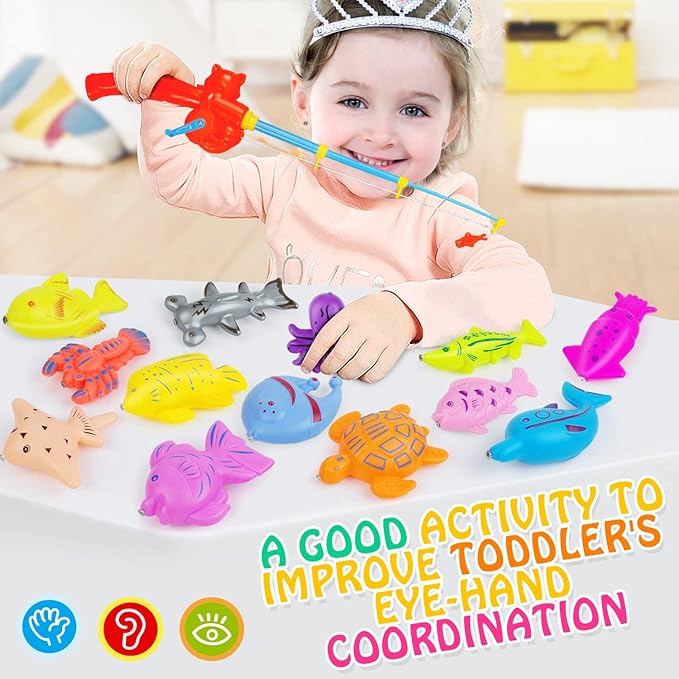 Magnetic Fishing Pool Toys Game, Water Table Bathtub Bath Toy - Pole Rod Floating Fish, Birthday Party Gifts for Toddler Age 3 4 5 6 Year Old, Kids Outdoor Toys