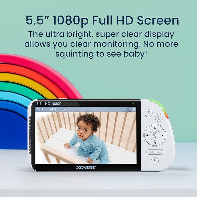 Babysense 5.5” 1080p Full HD Split Screen Baby Monitor, Video Baby Monitor with Camera and Audio, PTZ Camera, RGB Night Light, 1000ft Range, Two-Way Audio, 4X Zoom, 5000mAh Battery