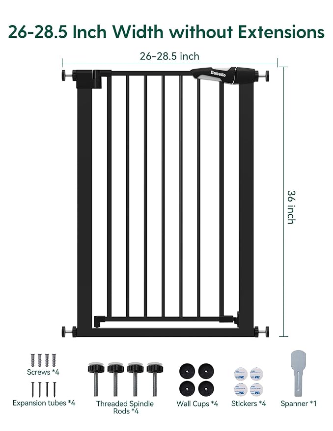 BABELIO 36" Tall Narrow Baby Gate, 26-28.5" Auto-Close Metal Pet Gate for Small Stairs/Doorways/Hallways, NO Drilling Pressure Mounted for Child and Pets, NO Extensions, Black