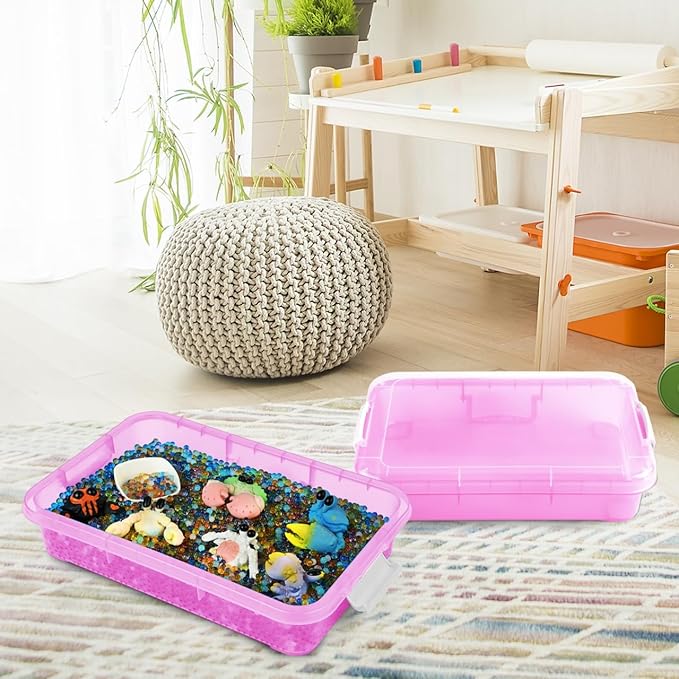 15 Inch Portable Sensory Bin Play Tray with Lid, Fill with Water, Sand, Beads and More (Pink)