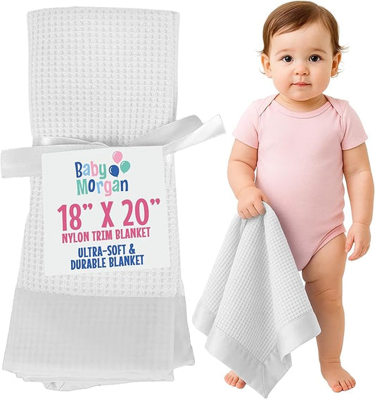 Thermal Waffle Knit Baby Blanket - Soft Breathable Mini Blanket for Newborns and Infants - Toddler Blankey for Strollers, Travel, Naptime, Nursery and More - 18" x 20" (White, Nylon Trim)