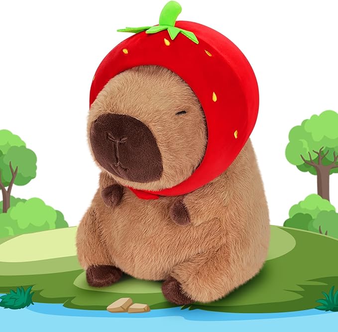 Achwishap Capybara Plush,Cute Plushies Capybara Stuffed Animal,Capybara Plush Toys,Kawaii Plush Stuffed Toy with Strawberry Hat Plushie Gift for Kids Adults Birthday(Capybara with Strawberry Hat,12”)