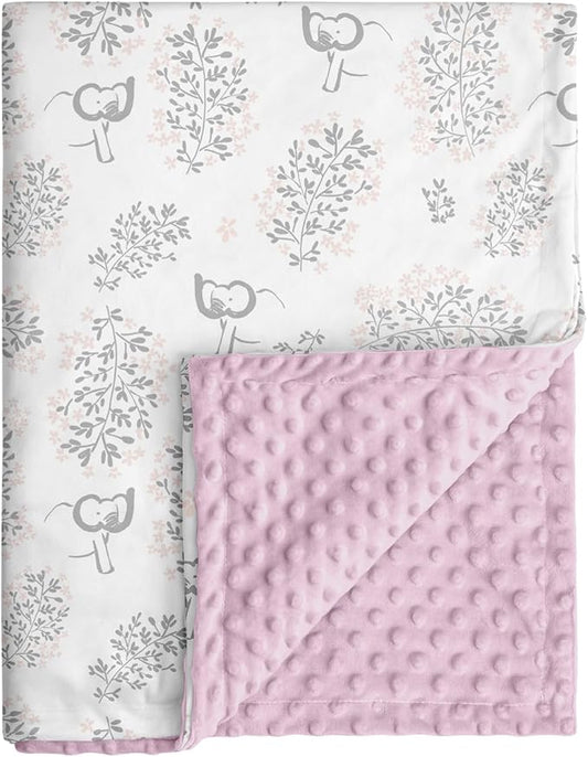 Baby Blankets for Girls Soft Plush Nursery Minky Blanket Neutral with Print Pink Forest Elephant and Cozy Raised Dotted Fleece Backing, 30 x 40 Inch Double Layer Bed Throws