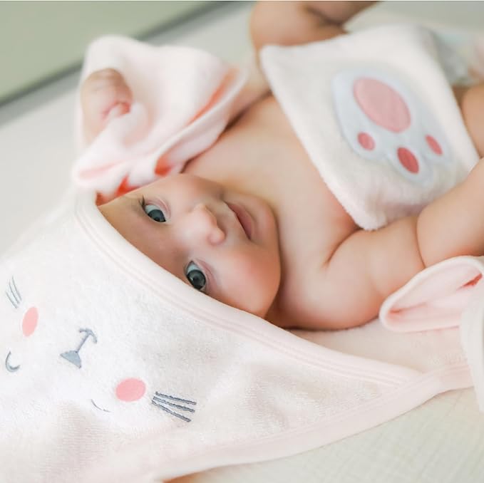 CuddleBug Hooded Baby Bath Towel & Washcloth Set (Bunny) - 100% Cotton Terrycloth Hooded Baby Towels for Newborn & Toddler, Super-Soft & Ultra-Absorbent, Newborn Essentials (30" x 30") - Blush Pink