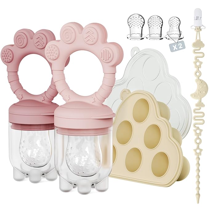2 Pack Baby Fruit Food Feeder+Breastmilk Popsicle Molds,Baby Teethers,BPA Free,2mm Fine Holes to Prevent Choking,Perfect for Teething Relief & Infant Solid Food Introduction,3M+（Mauve Pink, Soft Pink）