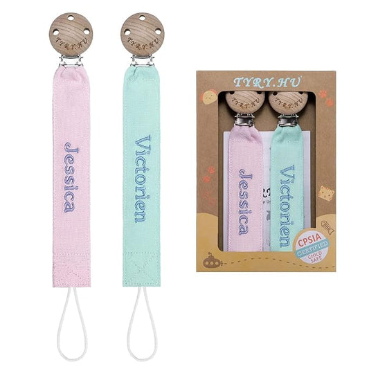 TYRY.HU Personalized Pacifier Clip with Name, Embroidery Ribbon Pacifier Holder for Baby Girls and Boys, Neutral Pacifier Leash Universally Fit All Pacifiers & Baby Toys, 2 Pack Baby Gift(Pink, Green)