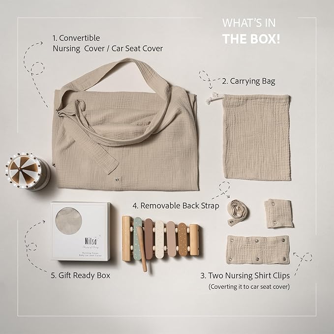 Nilsa 5-in-1 Muslin Nursing Cover up for Breastfeeding & Baby Car Seat Cover - Breathable Breastfeeding Cover With Rigid Hoop - 100% Cotton Privacy Apron Breast Feeding Covers For Women (Ecru)