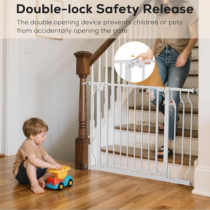 29-62" Baby Gate for Stairs, Baby Safety Essentials, Auto Close Gate for Doorways, Easy Install Pressure Mounted Dog Gate Indoor, Pet Gates for Dogs, White