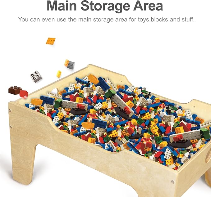 Kid's All-in-One Activity Play Table with 290 Building Bricks and 30-Piece Wooden Train Set Railway,Cars,Track and Accessories for Toddlers Boys and Girls Children's Toy Playset Game Desk