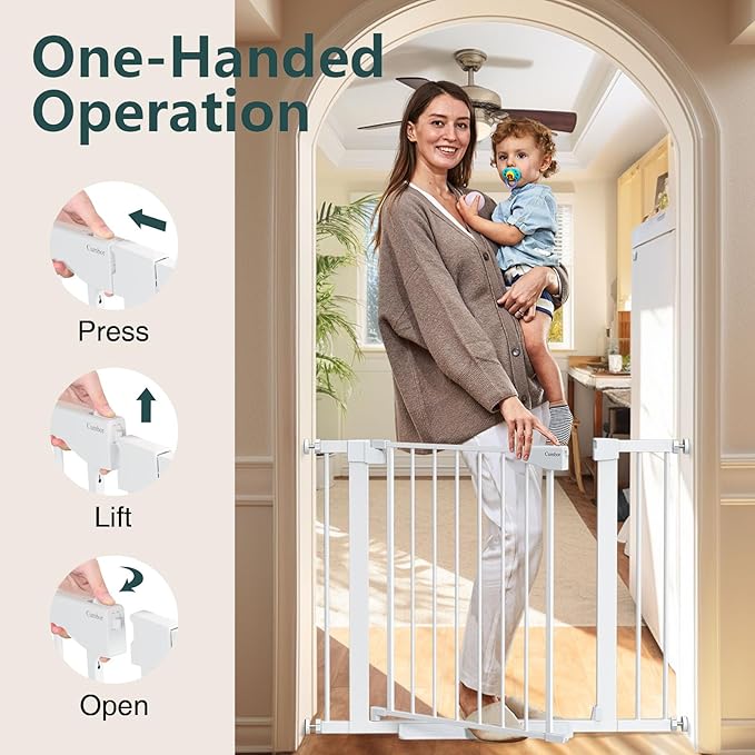 Cumbor 29.7-40.6" Baby Gate for Stairs, Mom's Choice Awards Winner-Dog Gate for Doorways, Pressure Mounted Auto-Close Pet Gates for Dogs Indoor, Safety Child Gate with Easy Walk Thru Door, White