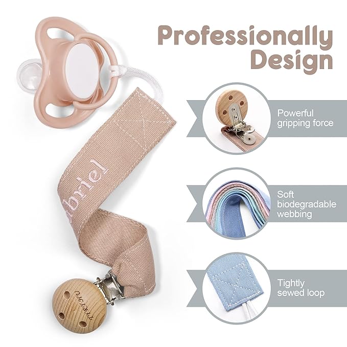 TYRY.HU Personalized Pacifier Clip with Name, Embroidery Pacifier Holder for Baby Girls and Boys, Neutral Binky Clips Universally Fit All Pacifiers & Baby Toys, Baby Gift, 2 Pack(Grey,Khaki)