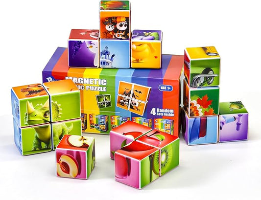 Random 4 Sets of Magnetic Blocks for Toddlers, 4 Packs Total 16 PCS & 24 Patterns, Magnetic Puzzles for Kids 1-3, Preschool Learning Classroom Must Haves Puzzle Toys