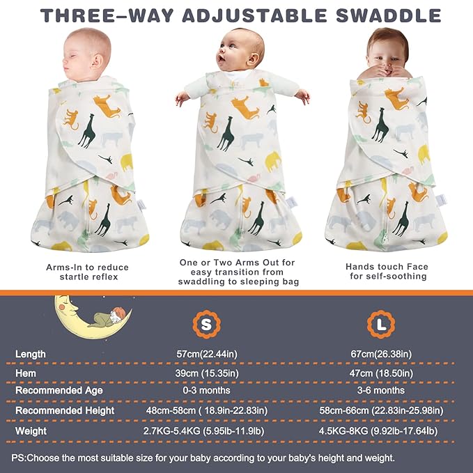 Swaddle-Blanket Baby Girl & Boy Swaddles Newborn Infant Transition 100% Cotton Wrap Blankets, 3-Way Adjustable Wearable Blanket, TOG 1.0 (Colorful Zoo, 3-6 Month)