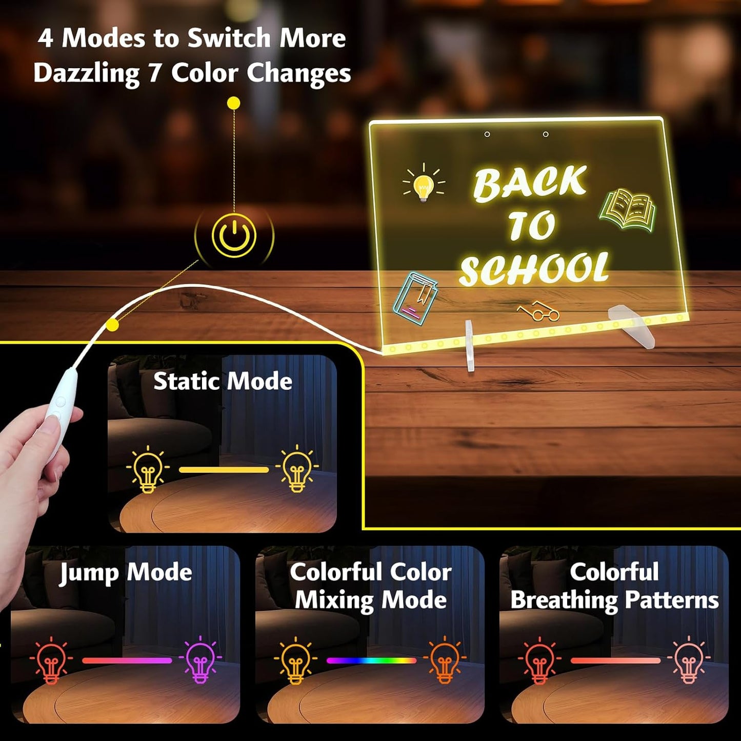 LED Note Board with Colors, 13.8"X10" 4 Modes & 7 Colors Led Acrylic Message Board with Light, Light up Acrylic Dry Erase Board, Led Drawing Board with Stand, Hanging Chain, 7 Markers, Spray Bottle