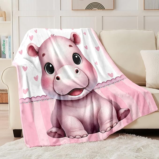 Personalized Baby Blanket for Girls, Custom Baby Blanket with Name, Soft Cozy Personalized Name Blankets for Kids, Customized Hippo Blankets for Infant Toddler Birthday Christmas