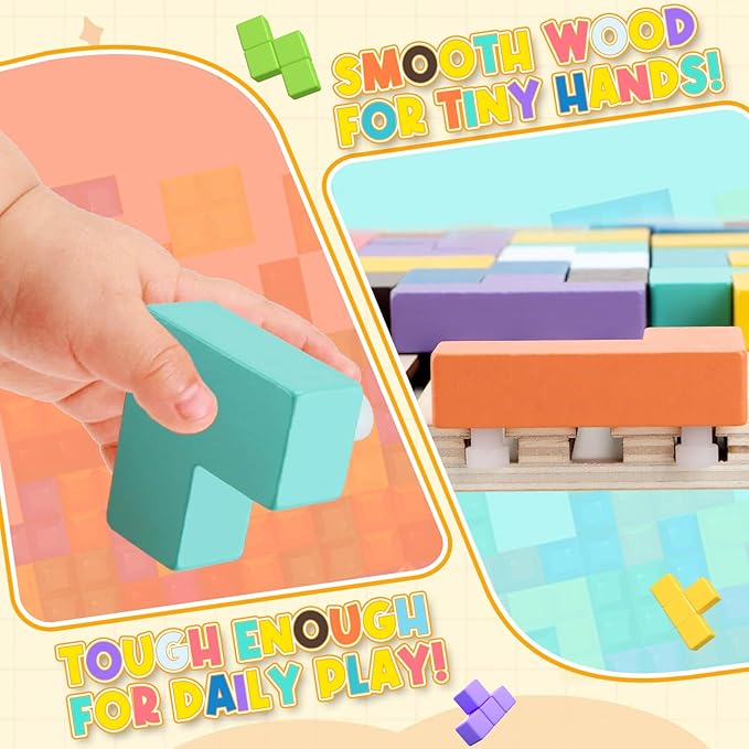 JONEG Games for 3+ Year Olds Kids- Wooden Stacking Puzzles Tetris - Brain Teasers 3D Russian Blocks Board - STEM Montessori Toys for Ages 3 4 5 6 7 10 - Gift for Toddlers Classroom Travel