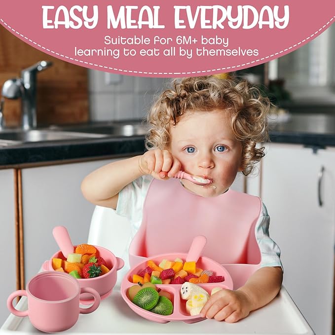 24 Pack Silicone Baby Feeding Set Baby LED Weaning Supplies Includes Suction Divided Plates Soft Bowl Spoons Forks Adjustable Bib Snack Cup and Straws(Pink, Purple, Mint Green)
