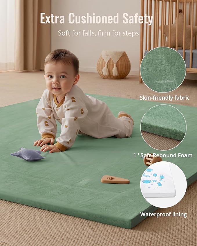 Blissful Diary Ultra Soft Baby Play Mat, 71x59 Extra Large Floor Mat with Removable & Washable Slip-On Cover for Babies and Toddlers, Sage Green
