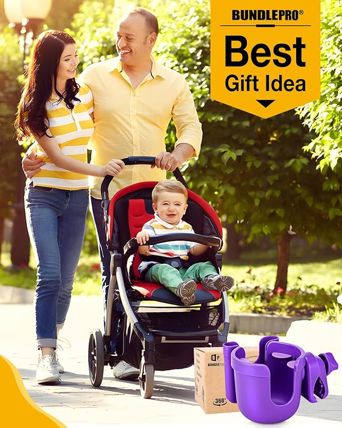 Universal Stroller Cup Holder with Mobile Phone Case, 2-in-1 Strollers Storage Rack, 360 Degrees Rotation Drink Holder for Bike, Pushchair, Wheelchair, Walker,Bicycle, Fits Most Cups (Purple)