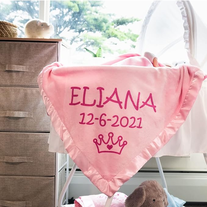 Custom Catch Personalized Princess Baby Blanket for Girl - Newborn or Infant Name Gift - Pink or Blue (2 Text Lines)