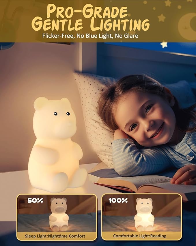 Night Light for Kids, Rechargeable Dimmable Silicone LED Nightlight with 7 Colors, Baby Nursery Night Lamp, Touch Squishy Lamp, Cute Gifts for Girls, Boys, Toddler Room Decor, Bear