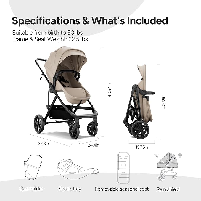 Mompush Wiz Pro 4-in-1 Baby Stroller with Newborn Mode, Full-Size All-Terrain Premium Stroller from Newborn to Toddler, Snack Tray Included for Easy Feeding & Outing, Lay-Flat in Seconds