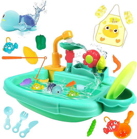 Kids Play Sink with Running Water, Mini Water Table, Water Toys, Upgraded Faucet and Play Dishes, Children Electric Dishwasher Playing Toy, Kitchen Sensory Toy Sets for Girls and Boys