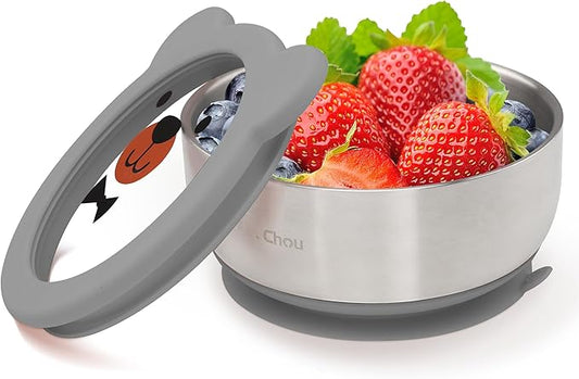 BPA-Free 100% Food-Grade Stainless Steel Baby Bowls with Suction Toddler Bowl Double-Layer Insulated Kids Bowls with Non-Slip Silicone Suction Cup Infant Bowls with Spoon Airtight Glass Lids Gray