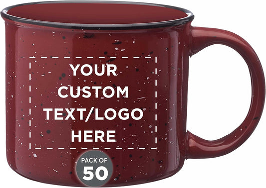 DISCOUNT PROMOS Custom Ceramic Campfire Coffee Mugs 13 oz. Set of 50, Personalized Bulk Pack - Perfect for Tea, Espresso, Cappuccino, Hot Cocoa - Maroon