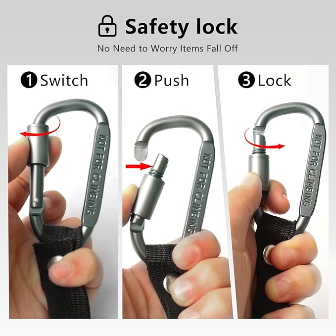 Stroller Hooks for Bags with Locking Stroller Carabiner Clip – Heavy-Duty Hooks for Diaper Bags, Groceries, Backpacks on Strollers, Bikes & Shopping Carts (Grey, 2 Pieces)