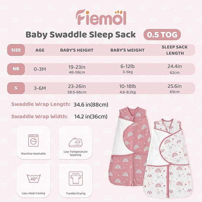 Baby Swaddle Sleep Sack 3-6 Months, Swaddles for Newborns Girl, 3-Way Adjustable Infant Swaddle Wearable Blanket with Zipper & Detachable Wrap, 2 Pack Soft Snug Pink Rainbow