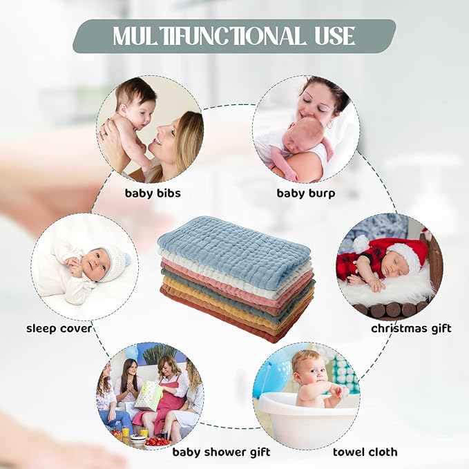 8 Packs Muslin Burp Cloths 6 Layers Unisex Baby Items Absorbent Burp Rags Colorful Muslin Washcloths for Baby Plain Soft Cotton Cloth for Babies Girls Boys, 10 x 20 Inch (Modern Colors)