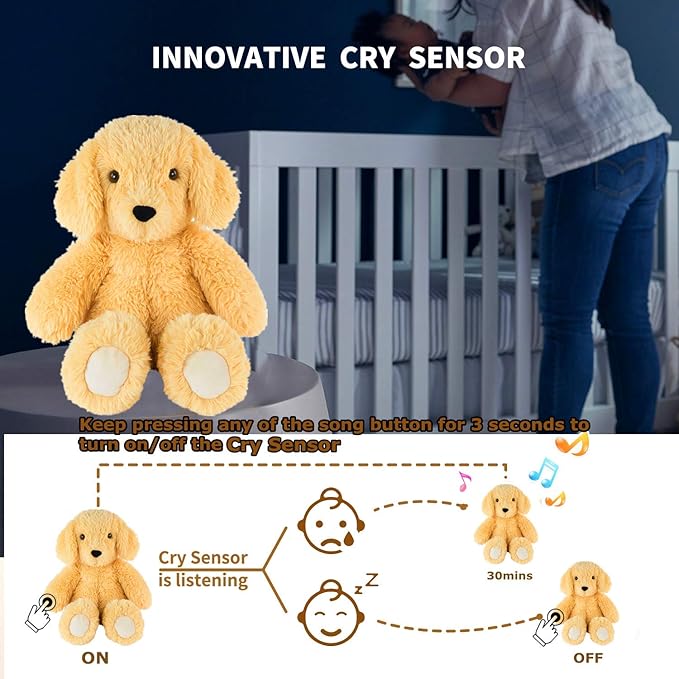BEREST Baby Cry Sensor Sleepy Dog Sleep Soother Sleeping Aid White Noise Infant Stuffed Animal Puppy Dog Toy, Nursery Decor with Night Light, Mom‘s Heartbeat 9 Sounds Therapy for Toddler Crib