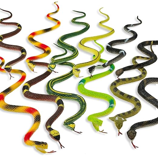 Kicko 12 Pack of 14 Inch Assorted Rubber Toy Snake - Soft Flexible Realistic Fake Floating Plastic Snakes - Colorful Bulk Small Sizes Set for Reptile School Collection, Birthday Party, Halloween Props