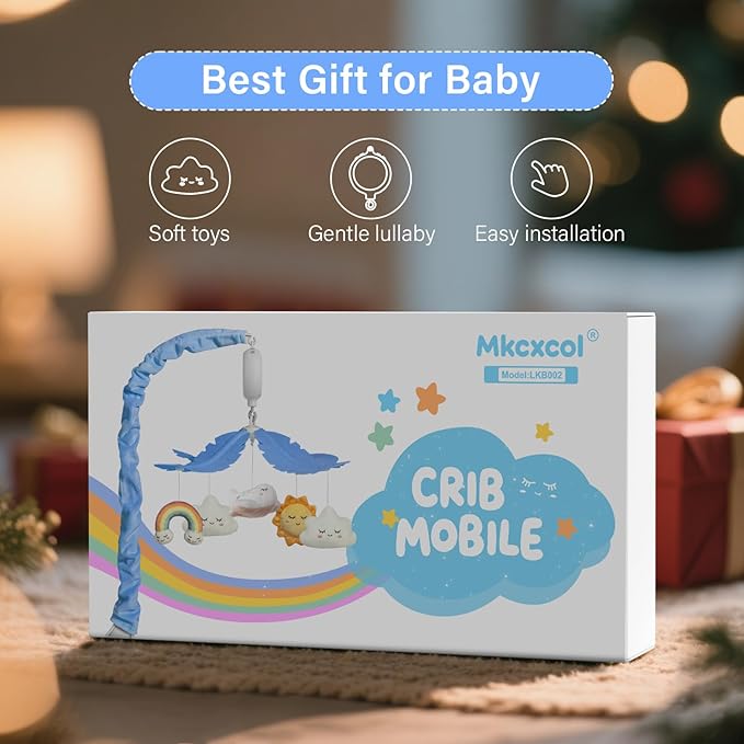 Crib Mobile for Baby, Blue and White Airplane & Weather Theme, Mobile for Crib with 35 Lullabies & 3 Modes Rotating Music Box, Nursery Decoration for Infant Boys and Girls