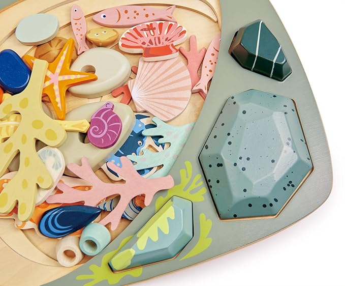 Tender Leaf Toys - My Little Rock Pool - 35 Piece Wooden Sea Life Set with Illustrated Drawstring Bag - Educational Play toy, Improve Fine Motor Skills, Shape Sorting Play for Boys and Girls - Age 3 +