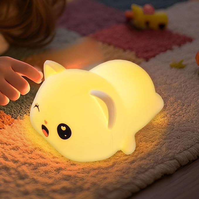 Colorful Life Cat Night Light for Kids, Silicone Tap Control LED Bedside Lamp, Soft Touch Sensor Kitty Light for Baby Girls Boys, USB Rechargeable Nightlight(Light up When patted)