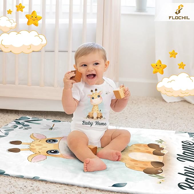 FLOCHIL Personalized Baby Blanket - Custom Baby Blanket with Name for Boys for Baby, Newborn Elephants Flush Fleece (30x40) Woodland
